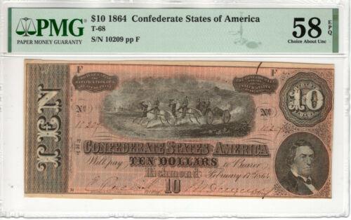 1864 $10 CONFEDERATE STATES OF AMERICA NOTE CURRENCY: 1864 $10 CONFEDERATE STATES OF AMERICA NOTE CURRENCY T-68 PMG CH AU 58 EPQ Country/Region of Manufacture: United States Certification Number: 8084693-014 Certification: PMG Grade: 58 Type: Confederate