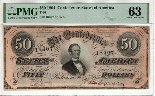1864 $50 CONFEDERATE STATES OF AMERICA NOTE CURRENCY: 1864 $50 CONFEDERATE STATES OF AMERICA NOTE CURRENCY T-66 PMG CHOICE UNC CU Country/Region of Manufacture: United States Certification Number: 2074801-029 Certification: PMG Grade: 63 Type: Confederat