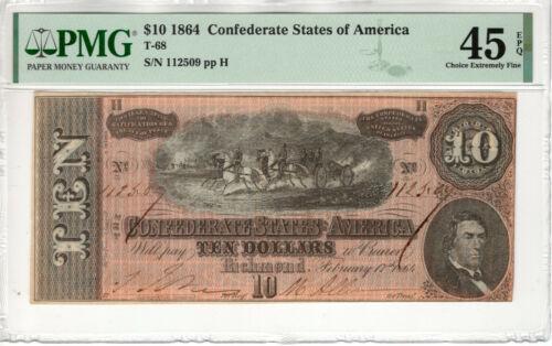 1864 $10 CONFEDERATE STATES OF AMERICA NOTE CURRENCY: 1864 $10 CONFEDERATE STATES OF AMERICA NOTE CURRENCY T-68 PMG CH XF EF 45 Country/Region of Manufacture: United States Certification Number: 8084693-013 Certification: PMG Grade: 45 Type: Confederate 