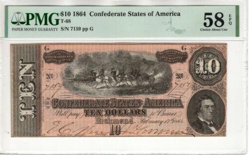 1864 $10 CONFEDERATE STATES OF AMERICA NOTE CURRENCY: 1864 $10 CONFEDERATE STATES OF AMERICA NOTE CURRENCY T-68 PMG CHOICE AU 58 Country/Region of Manufacture: United States Certification Number: 8091009-024 Certification: PMG Grade: 58 Type: Confederate