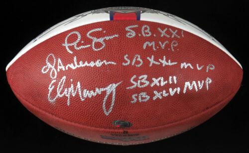 Eli Manning Phil Simms OJ Anderson Giants Super Bowl: Eli Manning Phil Simms OJ Anderson Giants Super Bowl MVP Signed Football Autograph Authentication: Steiner Sports Team: New York Giants Player: Eli Manning Product: Ball Original/Reprint: Original Spo