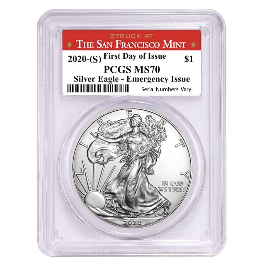 2020 (S) 1 oz Silver American Eagle $1 Coin PCGS MS 70: 2020 (S) 1 oz Silver American Eagle $1 Coin PCGS MS 70 FDOI (SF Label) Emergency Issue 2020 (S) 1 oz Silver American Eagle $1 Coin PCGS MS 70 FDOI (SF Label)Ã‚ Emergency Issue Ã‚ Please note thi