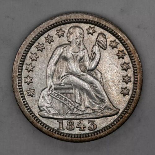 1843 SEATED LIBERTY DIME 10C SILVER CHOICE AU ABOUT: 1843 SEATED LIBERTY DIME 10C SILVER CHOICE AU ABOUT UNCIRCULATED Certification: Uncertified Composition: Silver Year: 1843 Circulated/Uncirculated: Unknown Strike Type: MS Mint Location: P Country: US