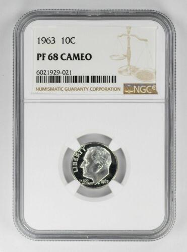 1963 PROOF ROOSEVELT DIME 10C NGC CERTIFIED PF 68 CAMEO: 1963 PROOF ROOSEVELT DIME 10C NGC CERTIFIED PF 68 CAMEO Certification: NGC Composition: Silver Grade: PF-68 Year: 1963 Circulated/Uncirculated: Unknown Strike Type: PR Mint Location: P Country: USA KM