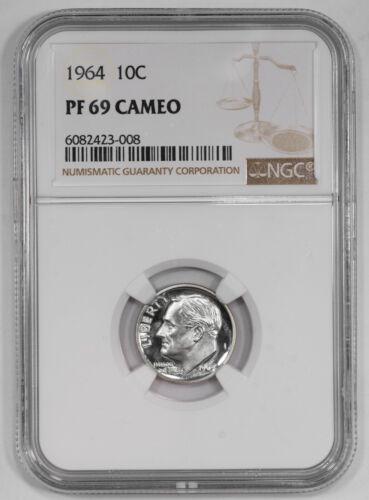 1964 PROOF ROOSEVELT DIME 10C NGC CERTIFIED PF 69 CAMEO: 1964 PROOF ROOSEVELT DIME 10C NGC CERTIFIED PF 69 CAMEO Certification: NGC Composition: Silver Grade: PF-69 Year: 1964 Circulated/Uncirculated: Unknown Strike Type: PR Mint Location: P Country: USA KM