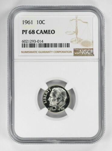 1961 PROOF ROOSEVELT DIME 10C NGC CERTIFIED PF 68 CAMEO: 1961 PROOF ROOSEVELT DIME 10C NGC CERTIFIED PF 68 CAMEO Certification: NGC Composition: Silver Grade: PF-68 Year: 1961 Circulated/Uncirculated: Unknown Strike Type: PR Mint Location: P Country: USA KM