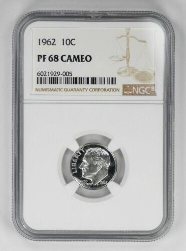 1962 PROOF ROOSEVELT DIME 10C NGC CERTIFIED PF 68 CAMEO: 1962 PROOF ROOSEVELT DIME 10C NGC CERTIFIED PF 68 CAMEO Certification: NGC Composition: Silver Grade: PF-68 Year: 1962 Circulated/Uncirculated: Unknown Strike Type: PR Mint Location: P Country: USA KM