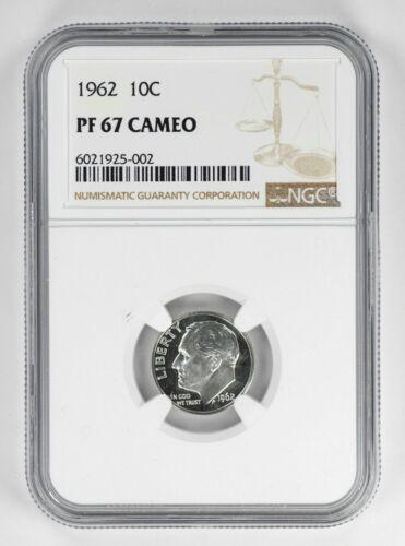 1962 PROOF ROOSEVELT DIME 10C NGC CERTIFIED PF 67 CAMEO: 1962 PROOF ROOSEVELT DIME 10C NGC CERTIFIED PF 67 CAMEO Certification: NGC Composition: Silver Grade: PF-67 Year: 1962 Circulated/Uncirculated: Unknown Strike Type: PR Mint Location: P Country: USA KM