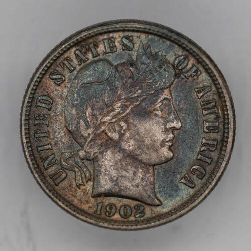 1902 BARBER DIME 10C SILVER AU ABOUT UNCIRCULATED -: 1902 BARBER DIME 10C SILVER AU ABOUT UNCIRCULATED - COLOR Certification: Uncertified Composition: Silver Year: 1902 Circulated/Uncirculated: Unknown Strike Type: MS Mint Location: P Country: USA KM Nu