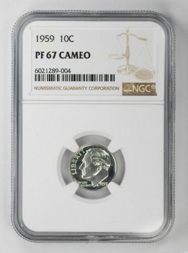 1959 PROOF ROOSEVELT DIME 10C NGC CERTIFIED PF 67 CAMEO: 1959 PROOF ROOSEVELT DIME 10C NGC CERTIFIED PF 67 CAMEO Certification: NGC Composition: Silver Grade: PF-67 Year: 1959 Circulated/Uncirculated: Unknown Strike Type: PR Mint Location: P Country: USA KM