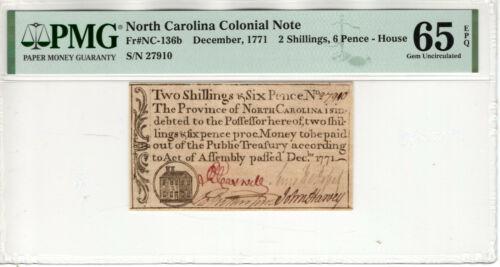 DECEMBER 1771 2 SHILLINGS 6 PENCE NORTH CAROLINA: DECEMBER 1771 2 SHILLINGS 6 PENCE NORTH CAROLINA COLONIAL NC-136B PMG GEM 65 Modified Item: No Country/Region of Manufacture: United States Certification Number: 8091358-047 Certification: PMG Grade: