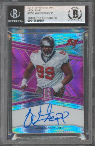 Warren Sapp Signed 18 Panini Spectra Neon Pink #SWS: Warren Sapp Signed 18 Panini Spectra Neon Pink #SWS #7/10 Card Auto 10 BAS Graded: Yes Sport: Football-NFL Team: Tampa Bay Buccaneers League: NFL Certification Number: 12895684 PRODUCT_COA: Beckett PR