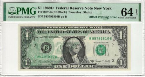 1969 D $1 FEDERAL RESERVE NOTE NEW YORK OFFSET PRINTING: 1969 D $1 FEDERAL RESERVE NOTE NEW YORK OFFSET PRINTING ERROR PMG CH UNC 64 Country/Region of Manufacture: United States Certification Number: 8080173-002 Certification: PMG Grade: 64 Type: Errors Cir