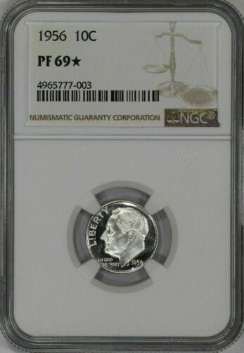 1956 PROOF ROOSEVELT DIME 10C NGC CERTIFIED PR PF 69*: 1956 PROOF ROOSEVELT DIME 10C NGC CERTIFIED PR PF 69* STAR Certification: NGC Composition: Silver Grade: PF-69* Year: 1956 Circulated/Uncirculated: Uncirculated Strike Type: PR Mint Location: P Countr