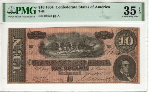 1864 $10 CONFEDERATE STATES OF AMERICA NOTE CURRENCY: 1864 $10 CONFEDERATE STATES OF AMERICA NOTE CURRENCY T-68 PMG CH VF 35 EPQ Country/Region of Manufacture: United States Certification Number: 8085352-026 Certification: PMG Grade: 35 Type: Confederate