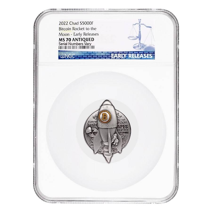 2022 Chad 1 oz Silver Bitcoin Rocket Shaped Coin NGC MS: 2022 Chad 1 oz Silver Bitcoin Rocket Shaped Coin NGC MS 70 ER Antiqued High Relief 2022 Chad 1 oz Silver Bitcoin Rocket Shaped Coin NGC MS 70 ER Antiqued High Relief MYNT Auctions proudly provides our