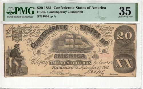 1861 $20 CONFEDERATE STATES OF AMERICA CONTEMPORARY: 1861 $20 CONFEDERATE STATES OF AMERICA CONTEMPORARY COUNTERFEIT CT-18 PMG VF Country/Region of Manufacture: United States Certification Number: 2075380-011 Certification: PMG Grade: 35 Type: Confedera