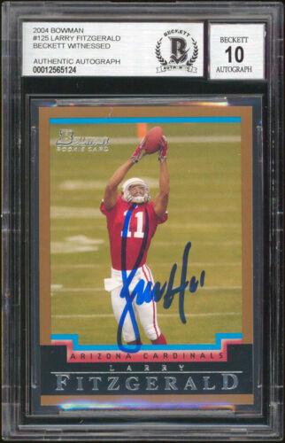 Larry Fitzgerald Signed 2004 Bowman #125 Rookie Card: Larry Fitzgerald Signed 2004 Bowman #125 Rookie Card Auto Graded 10! BAS Graded: Yes Sport: Football-NFL Team: Arizona Cardinals League: NFL Certification Number: 12565124 PRODUCT_COA: Beckett PRODUCT