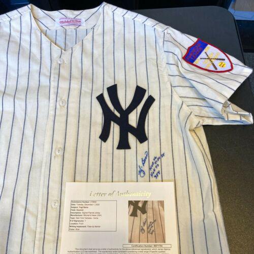 Yogi Berra Signed Heavily Inscribed New York Yankees: Yogi Berra Signed Heavily Inscribed New York Yankees Mitchell & Ness Jersey Product: Jersey Sport: Baseball-MLB Autograph Authentication: James Spence (JSA) Team: New York Yankees Player: Yogi Berra O