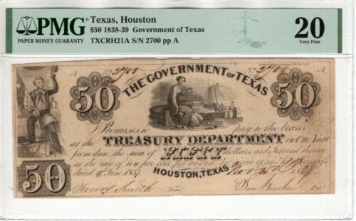 1838 $50 GOVERNMENT OF TEXAS OBSOLETE SAM HOUSTON: 1838 $50 GOVERNMENT OF TEXAS OBSOLETE SAM HOUSTON SIGNED PMG VERY FINE VF Modified Item: No Country/Region of Manufacture: United States Certification Number: 2079471-018 Certification: PMG Grade: 20 