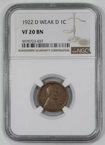 1922 D LINCOLN WHEAT CENT PENNY 1C WEAK 'D' NGC CERT VF: 1922 D LINCOLN WHEAT CENT PENNY 1C WEAK 'D' NGC CERT VF 20 BN VERY FINE Certification: NGC Composition: Copper Grade: VF-20 Year: 1922 Circulated/Uncirculated: Circulated Strike Type: MS Mint Location