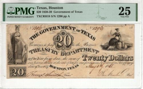 1838 $20 GOVERNMENT OF TEXAS OBSOLETE SAM HOUSTON: 1838 $20 GOVERNMENT OF TEXAS OBSOLETE SAM HOUSTON SIGNED PMG VERY FINE VF Modified Item: No Country/Region of Manufacture: United States Certification Number: 2079471-016 Certification: PMG Grade: 25 