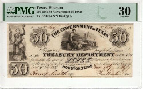 1838 $50 GOVERNMENT OF TEXAS OBSOLETE SAM HOUSTON: 1838 $50 GOVERNMENT OF TEXAS OBSOLETE SAM HOUSTON SIGNED PMG VERY FINE VF Modified Item: No Country/Region of Manufacture: United States Certification Number: 2079471-019 Certification: PMG Grade: 30 