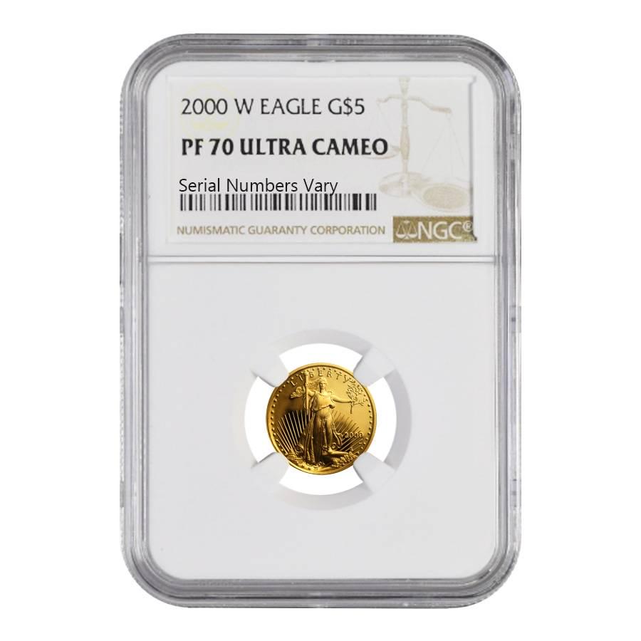2000 W 1/10 oz $5 Proof Gold American Eagle NGC PF 70: 2000 W 1/10 oz $5 Proof Gold American Eagle NGC PF 70 UCAM 2000 W 1/10 oz $5 Proof Gold American Eagle NGC PF 70 UCAM This 2000 W 1/10 oz $5 Proof Gold American Eagle NGC PF 70 will make an excellent 