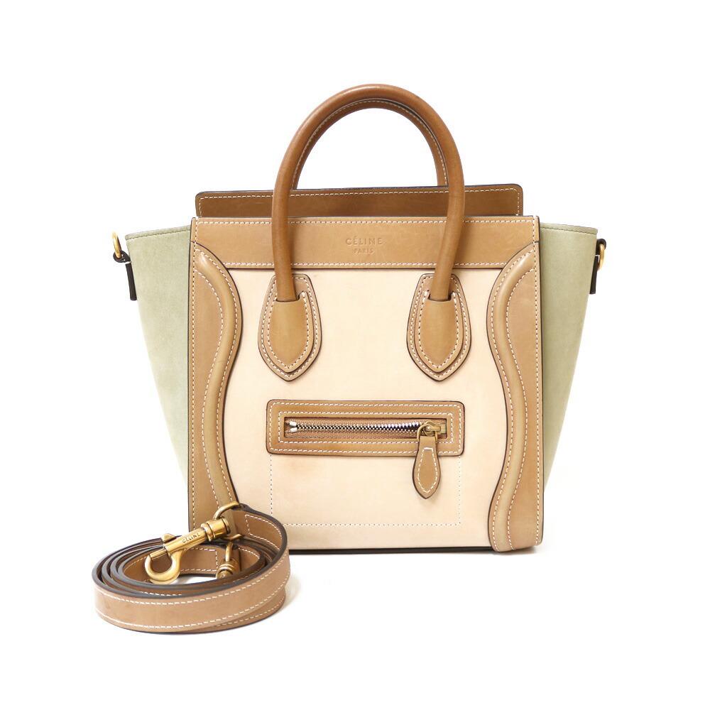 Celine Handbag Luggage 2WAY Shoulder Micro Beige Brown: Celine Handbag Luggage 2WAY Shoulder Micro Beige Brown Avocado Green Ladies Leather Brand: Celine Type: Handbag Color: Beige, Brown Gender: Women Material: Leather Size (HxWxD): 20cm x 27cm x 10cm / 7
