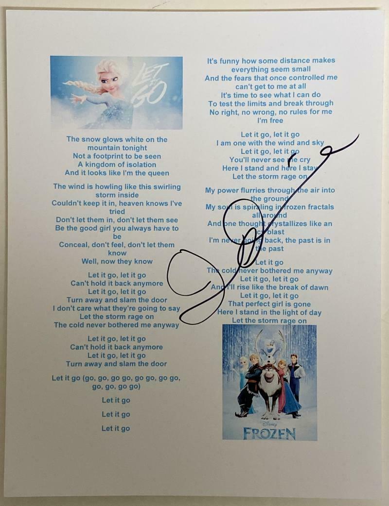 Idina Menzel Authentic Autographed Frozen 'Let It Go': Idina Menzel Authentic Autographed Frozen 'Let It Go' Lyric Sheet Signature: Idina Menzel Product: Autographed 'Let It Go' Lyric Sheet Featured Movie: Frozen The Mynt Guarantee: All items in this auct
