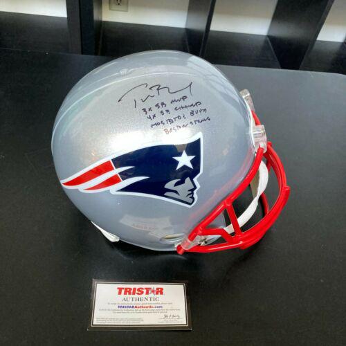 Tom Brady Super Bowl MVP Signed Heavily Inscribed: Tom Brady Super Bowl MVP Signed Heavily Inscribed Patriots Helmet Tristar Product: Helmet Sport: Football-NFL Autograph Authentication: TRISTAR Productions Team: New England Patriots Player: Tom Brady