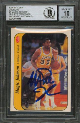 Magic Johnson Signed 1986 Fleer Stickers #7 Card Auto: Magic Johnson Signed 1986 Fleer Stickers #7 Card Auto 10! BAS Slab Player: Magic Johnson Card Manufacturer: Fleer Grade: Ungraded League: NBA Product: Box Box & Case Breaks Case Coin etopps (In-hand) 