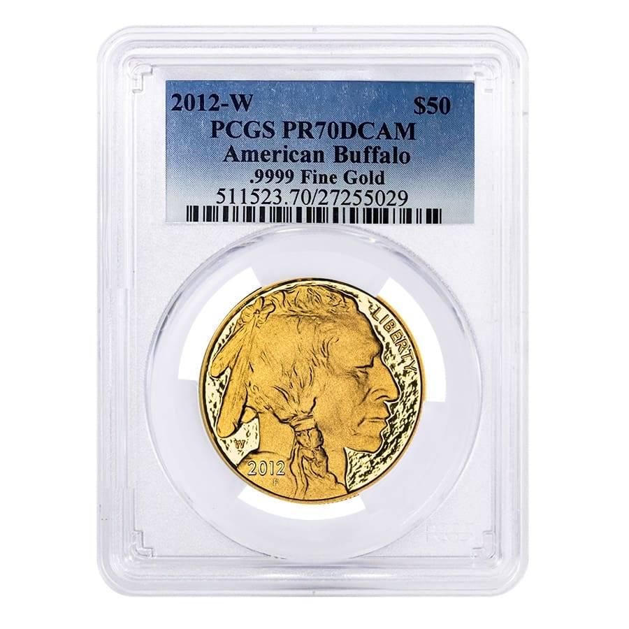 2012-W 1 oz $50 Proof Gold American Buffalo PCGS PF 70: 2012-W 1 oz $50 Proof Gold American Buffalo PCGS PF 70 DCAM Year: 2012 Finish: Proof Purity: .9999 Denomination: $50 Actual Weight: 1 troy oz Gross Weight : 31.103 grams Diameter: 32.7 mm Thickness: 2