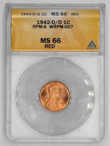 1942 D/D LINCOLN WHEAT CENT PENNY 1C ANACS MS 66 RED: 1942 D/D LINCOLN WHEAT CENT PENNY 1C ANACS MS 66 RED RPM 6 WRPM 007 UNC Certification: ANACS Composition: Copper Grade: MS-66 Year: 1942 Circulated/Uncirculated: Unknown Strike Type: MS Mint Location: