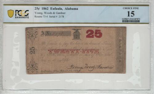 1862 25 CENT EUFAULA ALABAMA OBSOLETE SCRIP NOTE: 1862 25 CENT EUFAULA ALABAMA OBSOLETE SCRIP NOTE "SCARCE" PCGS B CHOICE FINE Modified Item: No Country/Region of Manufacture: United States Certification Number: 41287871 Certification: PCGS Banknote 