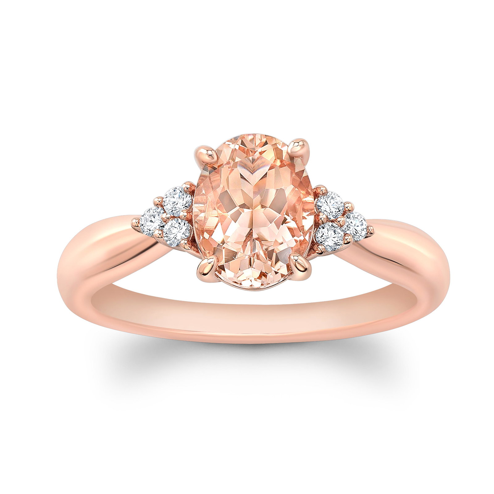 Morganite Oval And Diamond Ring In 14k Rose Gold: 14k Rose Gold Ring With 8x6mm Oval Morganite Weighing 1.20ct And 6 Brilliant Cut Diamonds Weighing 0.08ctw Style: Fashion Primary Stone: Morganite Gender: Ladies Metal:14K Rose Gold Country of Origin: