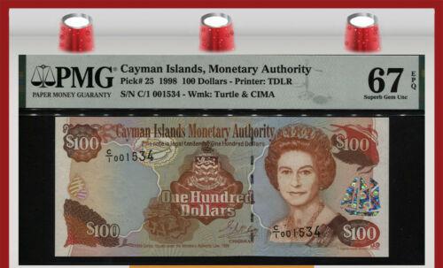 25 1998 CAYMAN ISLANDS 100 DOLLARS QUEEN ELIZABETH II PMG 67 EPQ NONE: 25 1998 CAYMAN ISLANDS 100 DOLLARS QUEEN ELIZABETH II PMG 67 EPQ NONE Circulated/Uncirculated: Uncirculated Certification: PMG Grade Designation: EPQ/PPQ Country: Cayman Islands Grade: 67 Year: 1996 T