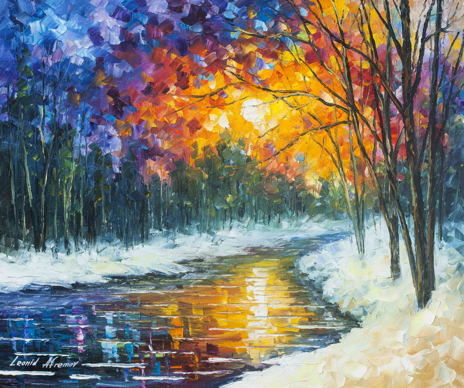 Melting River - Limited Edition 1/25 by Leonid Afremov: Melting River - Limited Edition 1/25 by Leonid Afremov Available EXCLUSIVELY through Mynt Auctions, this is a limited edition giclee hand-painted by Leonid Afremov, who sadly passed away in 2019. This