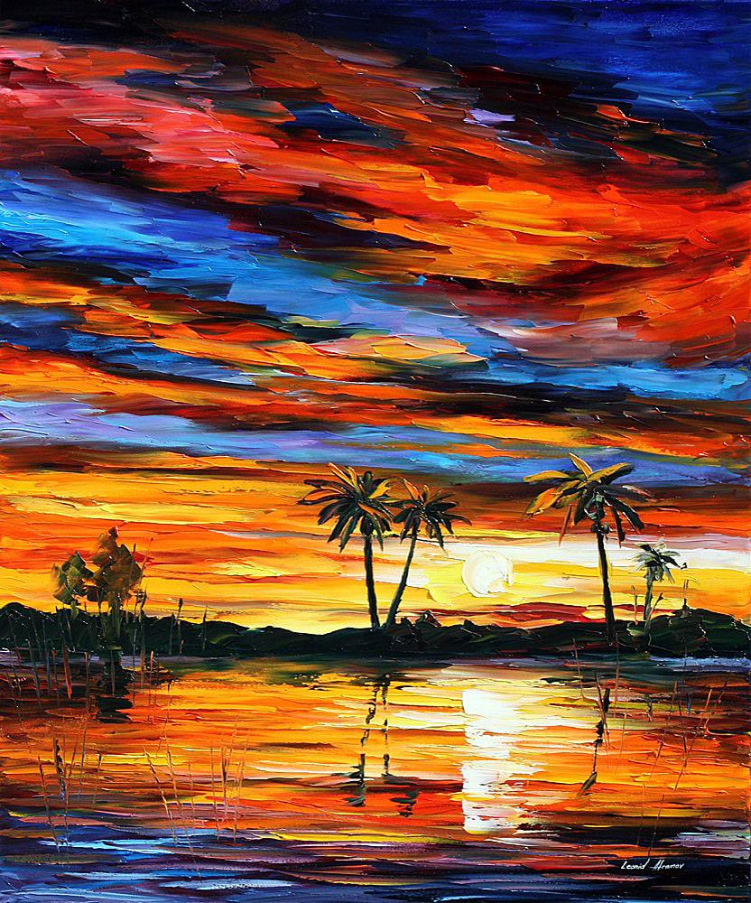 Tropical Sunset - Limited Edition 1/25 by Leonid Afremov: Tropical Sunset - Limited Edition 1/25 by Leonid Afremov Available EXCLUSIVELY through Mynt Auctions, this is a limited edition giclee hand-painted by Leonid Afremov, who sadly passed away in 2019. Th