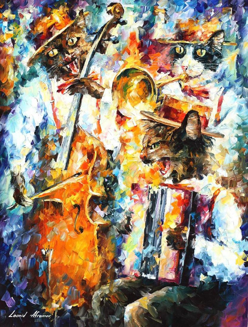 Jamming Cats - Limited Edition 1/25 by Leonid Afremov: Jamming Cats - Limited Edition 1/25 by Leonid Afremov Available EXCLUSIVELY through Mynt Auctions, this is a limited edition giclee hand-painted by Leonid Afremov, who sadly passed away in 2019. This
