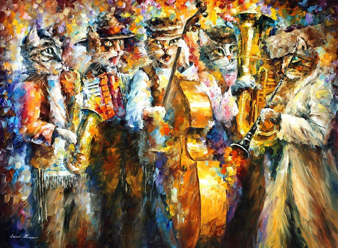 Kleizmer Cats - Limited Edition 1/25 by Leonid Afremov: Kleizmer Cats - Limited Edition 1/25 by Leonid Afremov Available EXCLUSIVELY through Mynt Auctions, this is a limited edition giclee hand-painted by Leonid Afremov, who sadly passed away in 2019. This