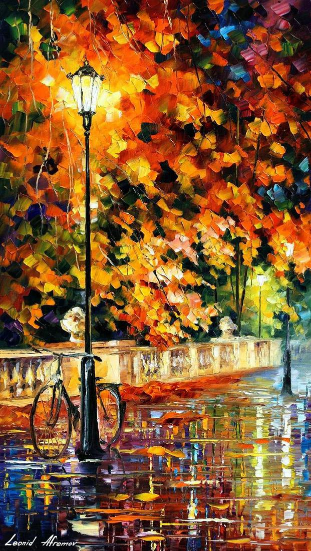 Lonely Bicycle In The Park - Limited Edition 1/25 by Leonid Afremov: Lonely Bicycle In The Park - Limited Edition 1/25 by Leonid Afremov Available EXCLUSIVELY through Mynt Auctions, this is a limited edition giclee hand-painted by Leonid Afremov, who sadly passed away