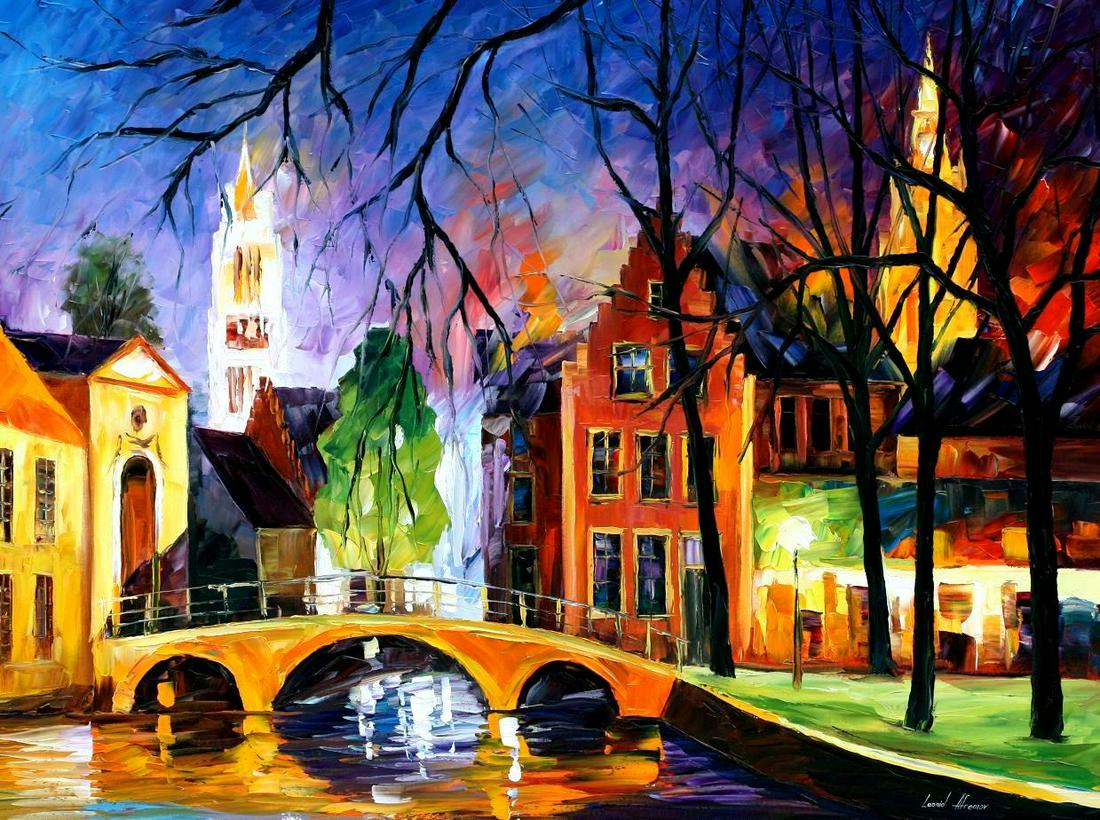 Bruges Bridge - Limited Edition 1/25 by Leonid Afremov: Bruges Bridge - Limited Edition 1/25 by Leonid Afremov Available EXCLUSIVELY through Mynt Auctions, this is a limited edition giclee hand-painted by Leonid Afremov, who sadly passed away in 2019. This