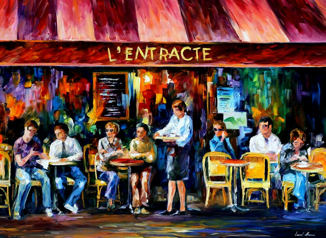 Cafe In Paris - Limited Edition 1/25 by Leonid Afremov: Cafe In Paris - Limited Edition 1/25 by Leonid Afremov Available EXCLUSIVELY through Mynt Auctions, this is a limited edition giclee hand-painted by Leonid Afremov, who sadly passed away in 2019. This