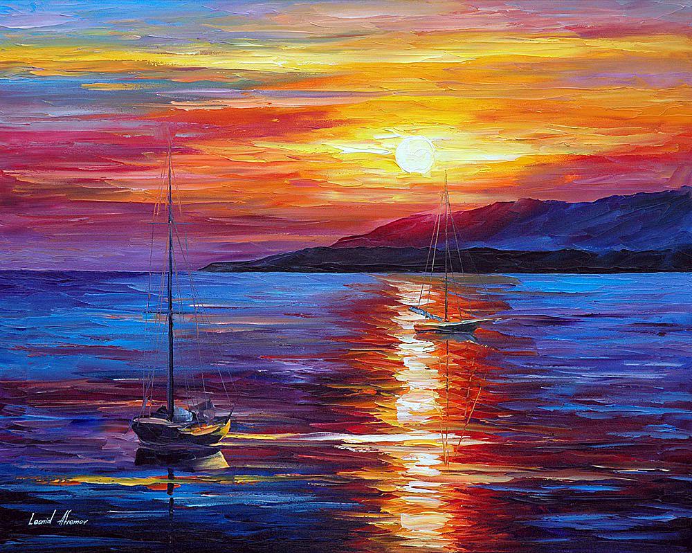 Calm Sunset - Limited Edition 1/25 by Leonid Afremov: Calm Sunset - Limited Edition 1/25 by Leonid Afremov Available EXCLUSIVELY through Mynt Auctions, this is a limited edition giclee hand-painted by Leonid Afremov, who sadly passed away in 2019. This i