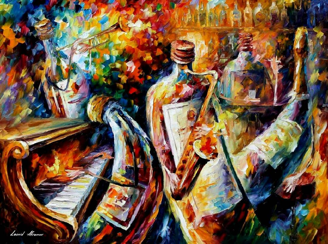 Bottle Jazz - Limited Edition 1/25 by Leonid Afremov: Bottle Jazz - Limited Edition 1/25 by Leonid Afremov Available EXCLUSIVELY through Mynt Auctions, this is a limited edition giclee hand-painted by Leonid Afremov, who sadly passed away in 2019. This i