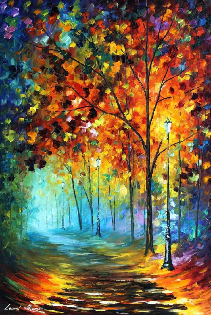 Fog Autumn Alley - Limited Edition 1/25 by Leonid Afremov: Fog Autumn Alley - Limited Edition 1/25 by Leonid Afremov Available EXCLUSIVELY through Mynt Auctions, this is a limited edition giclee hand-painted by Leonid Afremov, who sadly passed away in 2019. T