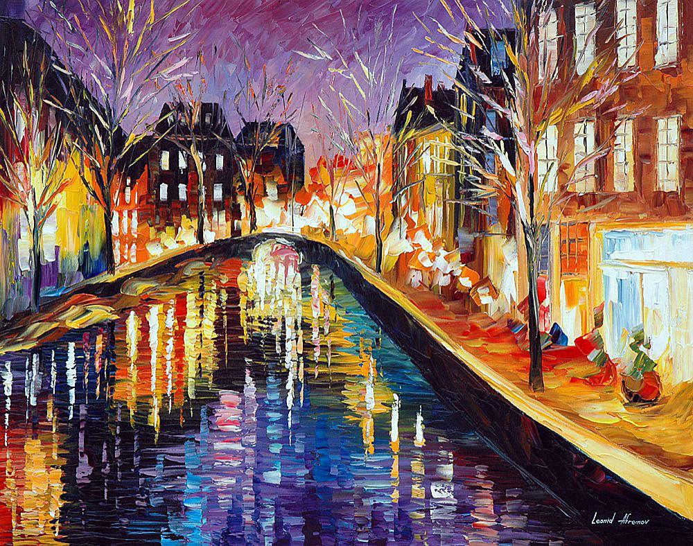 Winter In Amsterdam - Limited Edition 1/25 by Leonid Afremov: Winter In Amsterdam - Limited Edition 1/25 by Leonid Afremov Available EXCLUSIVELY through Mynt Auctions, this is a limited edition giclee hand-painted by Leonid Afremov, who sadly passed away in 2019