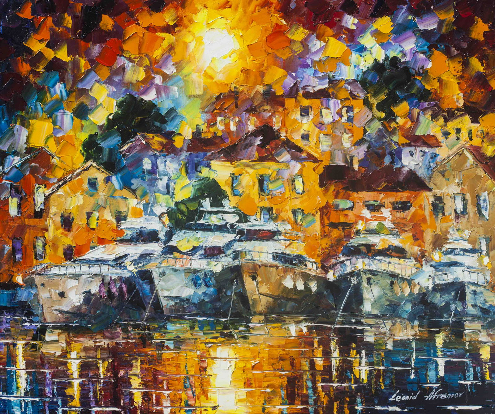 Boats Under The Sun - Limited Edition 1/25 by Leonid Afremov: Boats Under The Sun - Limited Edition 1/25 by Leonid Afremov Available EXCLUSIVELY through Mynt Auctions, this is a limited edition giclee hand-painted by Leonid Afremov, who sadly passed away in 2019