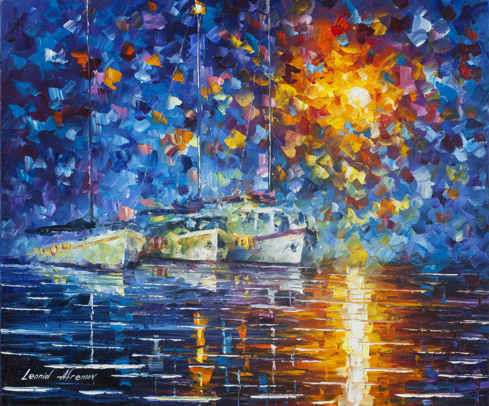 Yachts By The Sun - Limited Edition 1/25 by Leonid Afremov: Yachts By The Sun - Limited Edition 1/25 by Leonid Afremov Available EXCLUSIVELY through Mynt Auctions, this is a limited edition giclee hand-painted by Leonid Afremov, who sadly passed away in 2019.